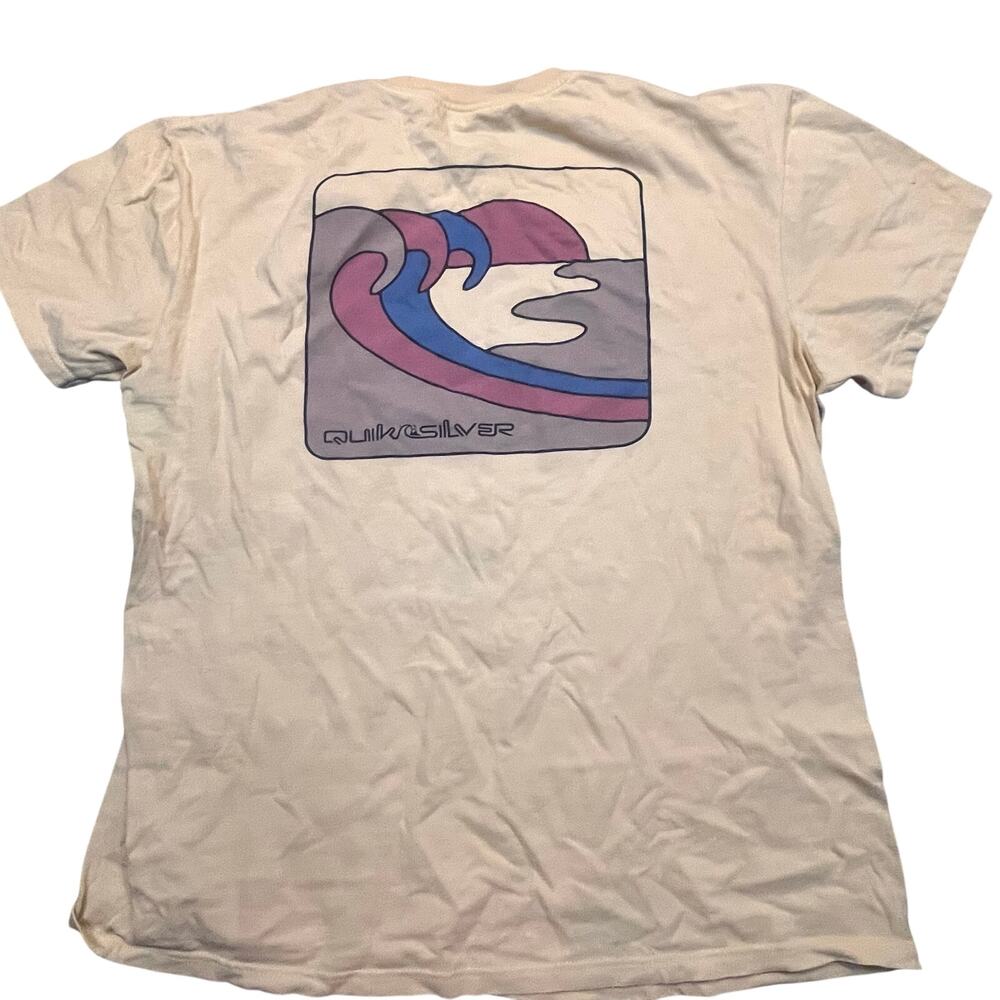 Quiksilver Retro Wave Graphic T-Shirt Cream Surf Skate 100% Cotton Large Yellow‎